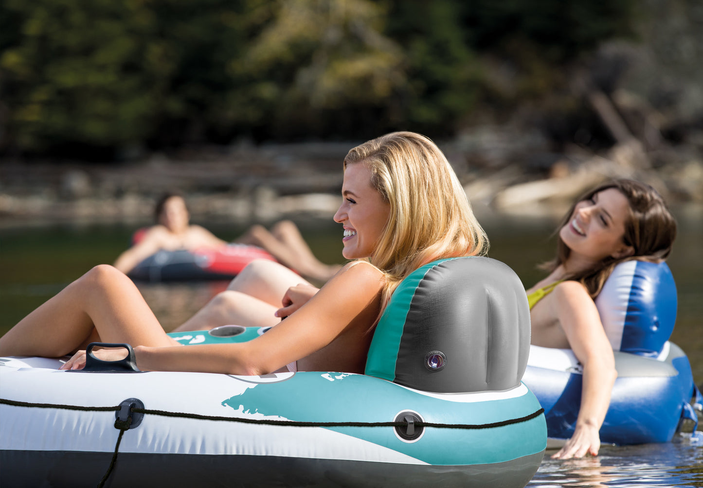 Intex River Run 1 Inflatable Floating Lounge w/Backrest, Built-in Cup Holders, Grab Handles, & Grab Rope –220lb Weight Capacity, Color Varies (6 Pack)