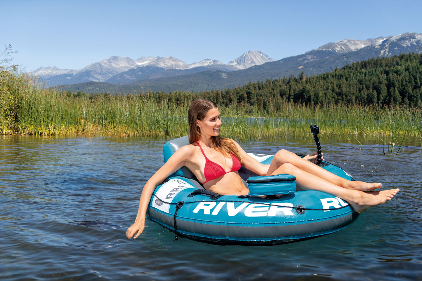 INTEX 56843EP River Run 1 Pro Inflatable Floating Lounge: GoPro/Phone Mount – Built-in Cup Holder and Storage Compartment – Durable Grab Handles – Easy-to-Use Connectors – 220lb Weight Capacity