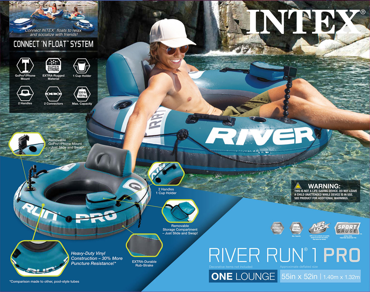 INTEX 56843EP River Run 1 Pro Inflatable Floating Lounge: GoPro/Phone Mount – Built-in Cup Holder and Storage Compartment – Durable Grab Handles – Easy-to-Use Connectors – 220lb Weight Capacity