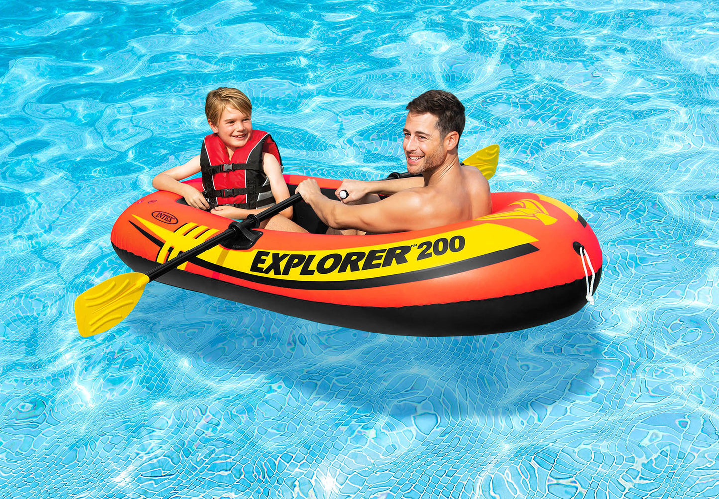 INTEX Explorer Inflatable Boat Series: Dual Air Chambers – Welded Oar Locks – Grab Handles – Bow Rope – Sporty Design