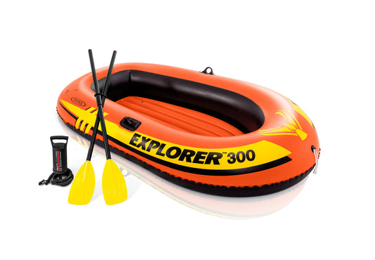 INTEX 58332EP Explorer 300 Inflatable Boat Set: Includes Deluxe Aluminum Oars and Mini Hand-Pump – 3-Person – Dual Air Chambers – Grab Rope – 410lb Weight Capacity