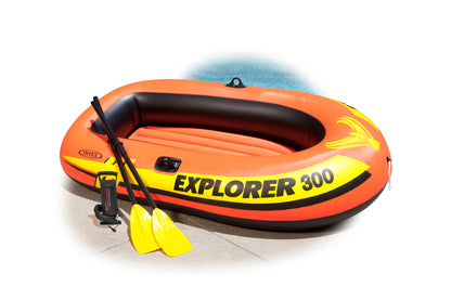 INTEX 58332EP Explorer 300 Inflatable Boat Set: Includes Deluxe Aluminum Oars and Mini Hand-Pump – 3-Person – Dual Air Chambers – Grab Rope – 410lb Weight Capacity