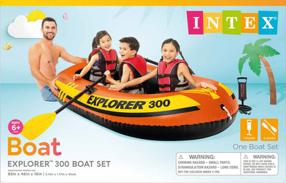 INTEX 58332EP Explorer 300 Inflatable Boat Set: Includes Deluxe Aluminum Oars and Mini Hand-Pump – 3-Person – Dual Air Chambers – Grab Rope – 410lb Weight Capacity
