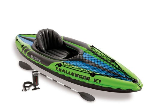 INTEX 68305EP Challenger K1 Inflatable Kayak Set: Includes Deluxe 86in Aluminum Oar and High-Output Pump – Adjustable Seat with Backrest – Removable Skeg – 1-Person – 220lb Weight Capacity