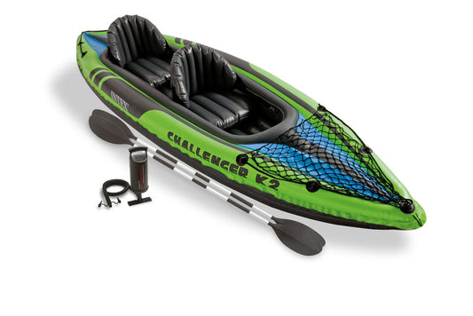 INTEX 68306EP Challenger K2 Inflatable Kayak Set: Includes Deluxe 86in Aluminum Oars and High-Output Pump – Adjustable Seat with Backrest – Removable Skeg – 2-Person – 400lb Weight Capacity