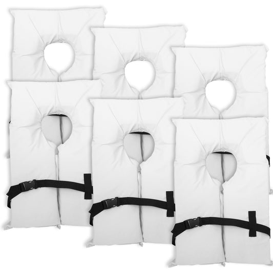 6 Pack Coast Guard approved life jackets for adults.  High visibility color Type II keyhole life vest in classic May West style. Compliance flotation device