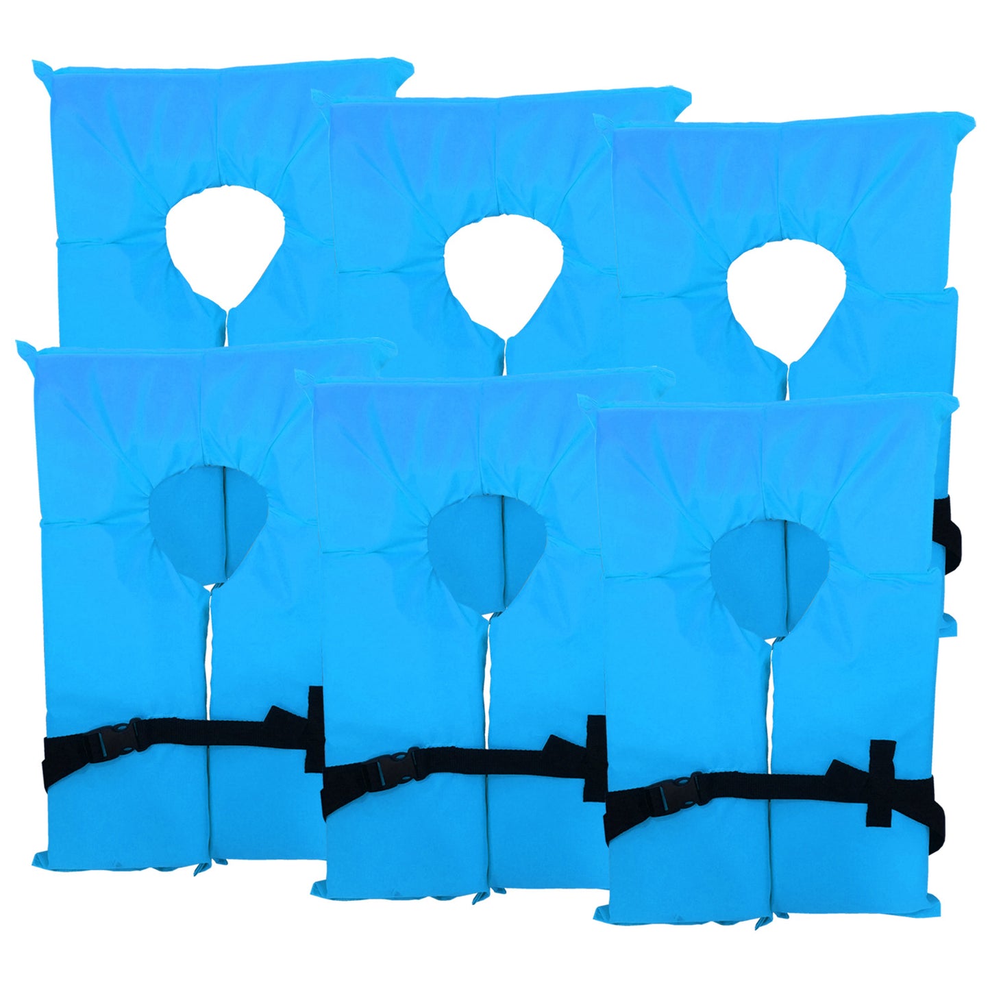 6 Pack Coast Guard approved life jackets.  High visibility color Type II keyhole life vest in classic May West style. Compliance flotation device