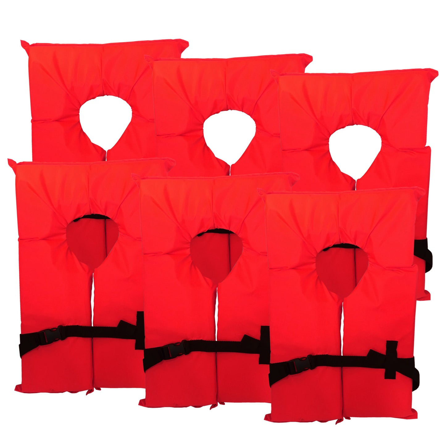 6 Pack Coast Guard approved life jackets.  High visibility color Type II keyhole life vest in classic May West style. Compliance flotation device