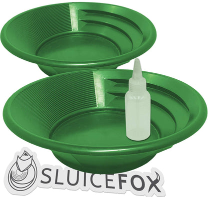 Sluice Fox 2-Pack Gold Panning Starter Kit – Featuring Compact 9-Inch Green Vanishing Riffle Gold Pans and a 4-Ounce Snifter Bottle for Prospecting Adventures
