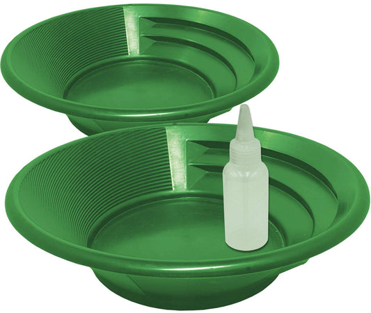 Sluice Fox 2-Pack Gold Panning Starter Kit – Featuring Compact 9-Inch Green Vanishing Riffle Gold Pans and a 4-Ounce Snifter Bottle for Prospecting Adventures