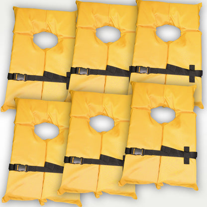 6 Pack Coast Guard approved life jackets.  High visibility color Type II keyhole life vest in classic May West style. Compliance flotation device
