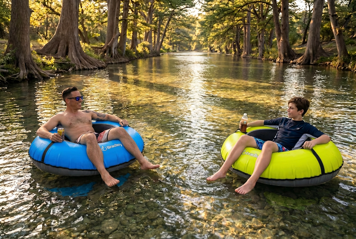 Pack of two Bradley heavy duty tubes for floating the river; Whitewater water tube; Rubber inner tube with cover for river floating; Linking tandem river tubes; river raft tube