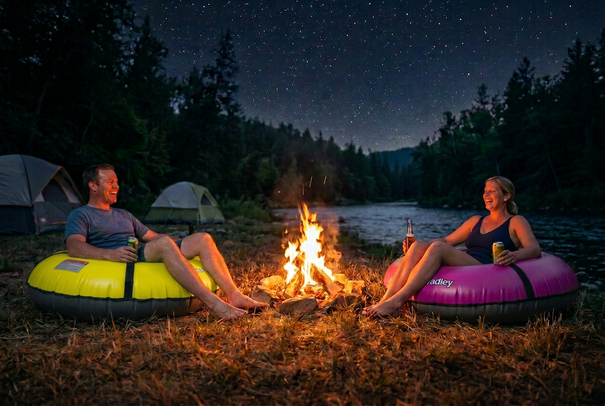 Pack of two Bradley heavy duty tubes for floating the river; Whitewater water tube; Rubber inner tube with cover for river floating; Linking tandem river tubes; river raft tube