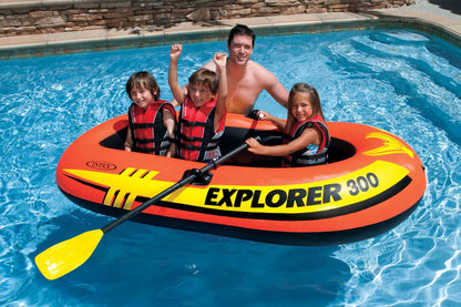 INTEX 58332EP Explorer 300 Inflatable Boat Set: Includes Deluxe Aluminum Oars and Mini Hand-Pump – 3-Person – Dual Air Chambers – Grab Rope – 410lb Weight Capacity