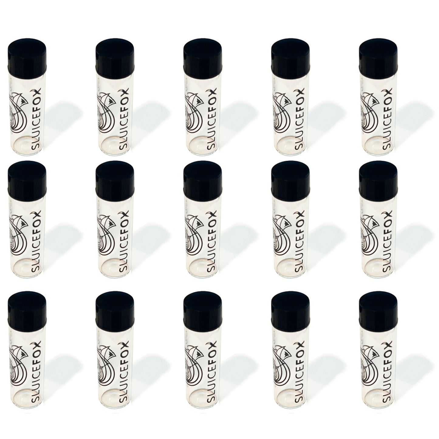Sluice Fox Glass Vial for gold panning kits (15 pack); 2 inch glass water tight vial for storing and displaying gold nuggets, flake and fines; prospecting tools for gold mining