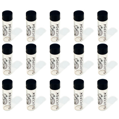 Sluice Fox Glass Vial for gold panning kits (15 pack); 2 inch glass water tight vial for storing and displaying gold nuggets, flake and fines; prospecting tools for gold mining