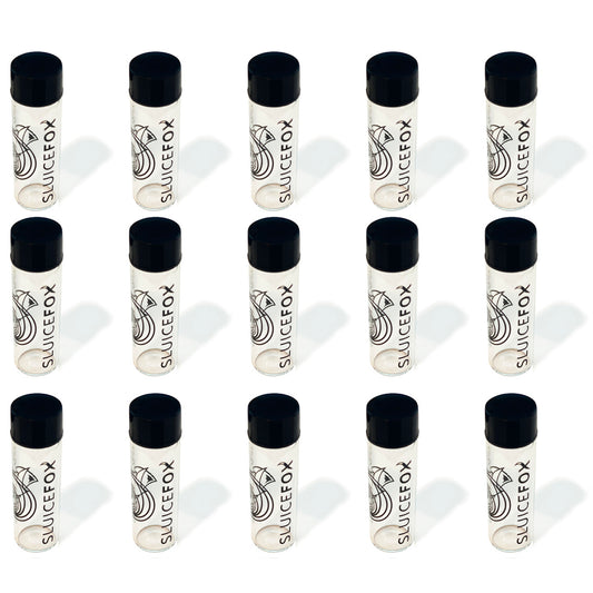 Sluice Fox Glass Vial for gold panning kits (15 pack); 2 inch glass water tight vial for storing and displaying gold nuggets, flake and fines; prospecting tools for gold mining
