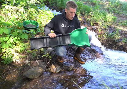 Sluice Fox Portable Expandable Sluice Box for Gold Mining and Prospecting; Includes miner's moss, Hungarian style riffles, and deep V riffles.  Essential tool for gold panning kits