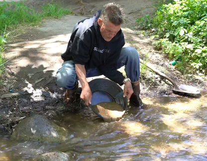 Sluice Box Compact Gold Panning Kit; portable sluice box and 5 classifier sifting pans; huntley spoon; paydirt scoop; classify while you sluice with this patented prospecting tool set