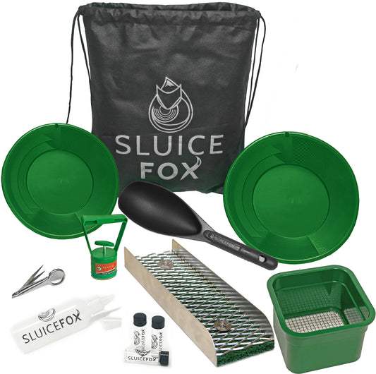 Sluice Fox backpack gold panning kit with mini portable sluice box; black sand magnet gold separator, mini gold classifier, gold pay dirt scoop and free tote backpack