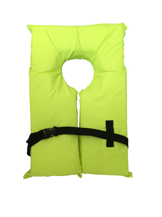Hardcore Coast Guard approved life jackets for adults.  High visibility neon yellow color Type II keyhole life vest in classic May West style. Compliance life vests and flotation device