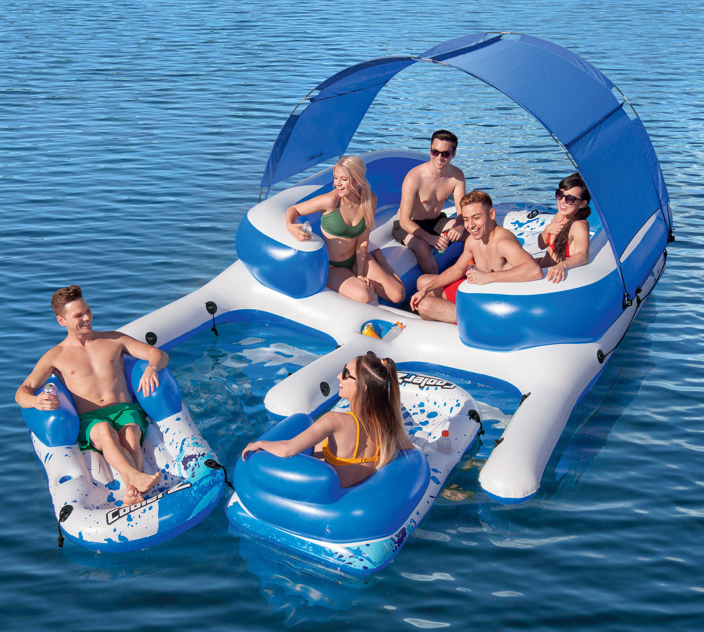 CoolerZ Tropical Breeze III Inflatable 8-Person Floating Island with UV Sun Shade and Connecting Lounge Rafts