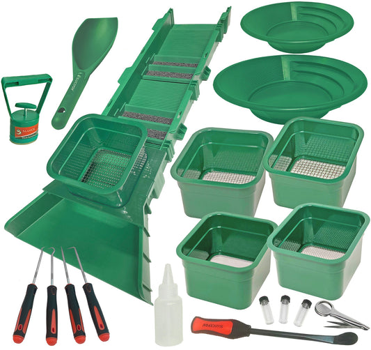 31 inch Sluice Box Compact Gold Panning Kit; portable sluice box and 5 classifier sifting pans; huntley spoon; paydirt scoop; classify while you sluice with this patented prospecting tool set (green)