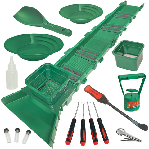 53 inch Sluice Box Compact Gold Panning Kit; portable sluice box and 2 classifier sifting pans; huntley spoon; paydirt scoop; classify while you sluice with this patented prospecting tool set (green)