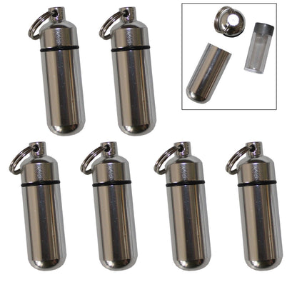 6 Pack Aluminum Pill Case Keychain ID Holder Silver with Inner Container