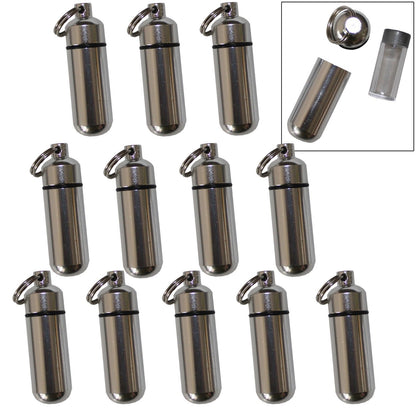 12 Pack Aluminum Pill Shape Case Keychain ID Holder Pet Ashes Urn Silver Metal