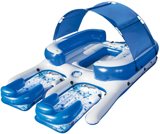 CoolerZ Tropical Breeze III Inflatable 8-Person Floating Island with UV Sun Shade and Connecting Lounge Rafts